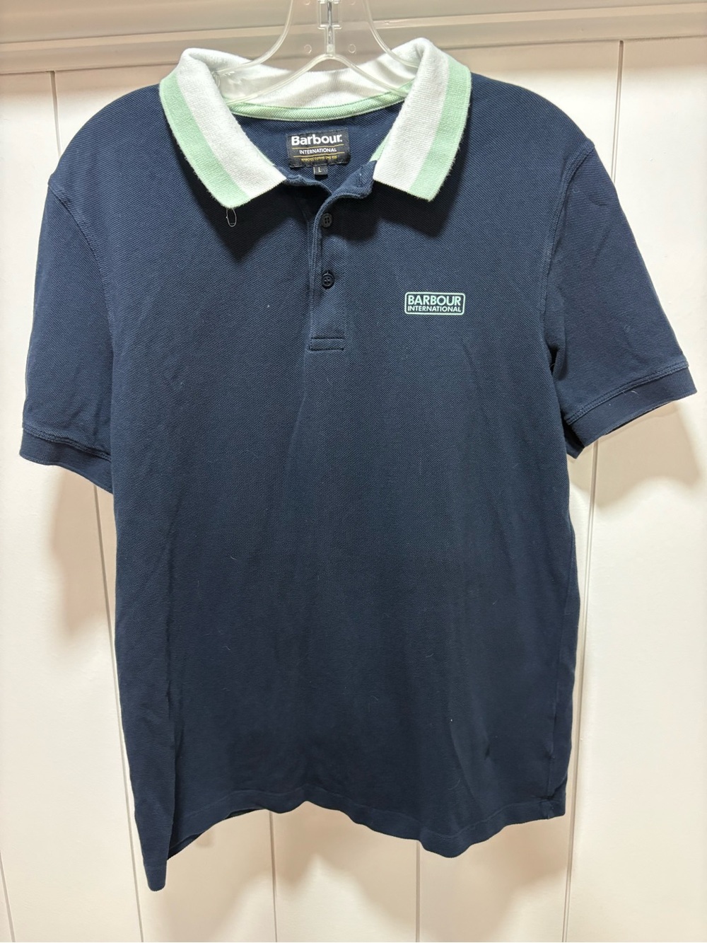 Barbour International navy blue short sleeve polo shirt contrast collar Large